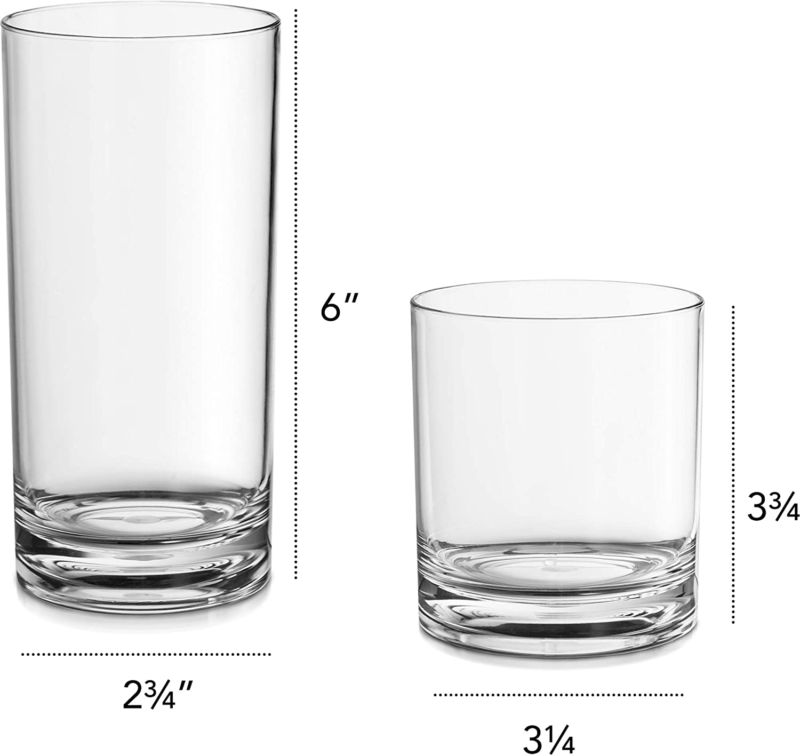 Elegant Acrylic Drinking Glasses [Set of 16] Attractive Clear Plastic Tumblers 
