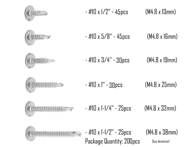 200Pcs #10 X 1/2" ~ #10 X 1-1/2" Wafer Head Self Drilling Screws Sheet Metal Tek