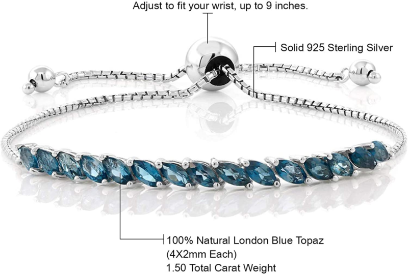 925 Sterling Silver London Blue Topaz Women'S Tennis Bracelet, Adjustable)