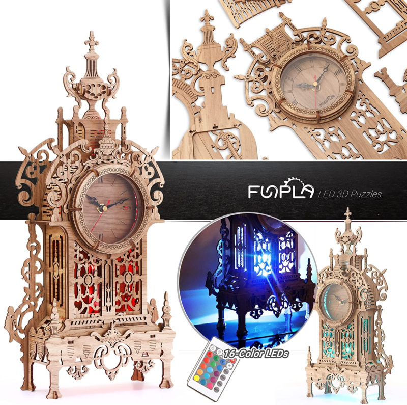 3D Wood Puzzle LED Tower Clock Model, Desktop Clock Model DIY, (LED
