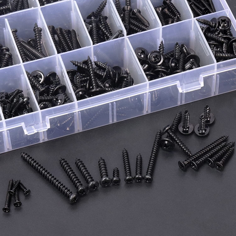 490Pcs # 6# 8# 10 Zinc Plated Steel Black Wood Screws Self Tapping Sheet Metal S