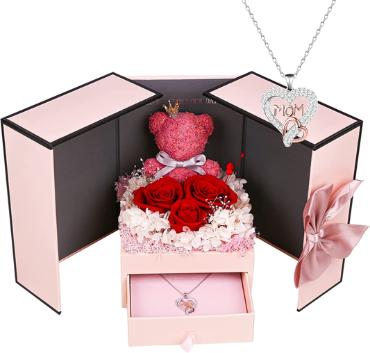 Preserved Rose Gift Set Includes 925 Sterling Silver Necklace with Heart 