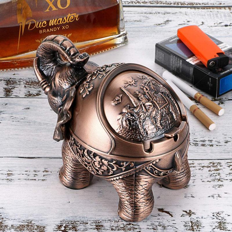 Hipiwe Elephant Windproof Ashtray with Lid, Desktop Metal Cigarette Ashtray Hold