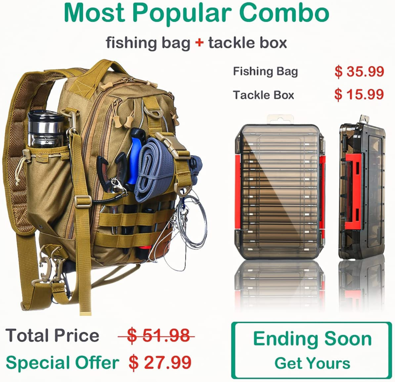 Compact Fishing Tackle Bag, Fishing Bag with Tackle Box and Rod Holder