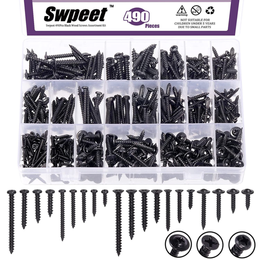 490Pcs # 6# 8# 10 Zinc Plated Steel Black Wood Screws Self Tapping Sheet Metal S