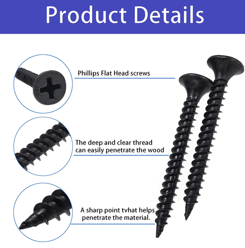 #6 Black Wood Screws Assortment Fasteners Kit 300Pcs,Phillips Head Fast Flat Sel