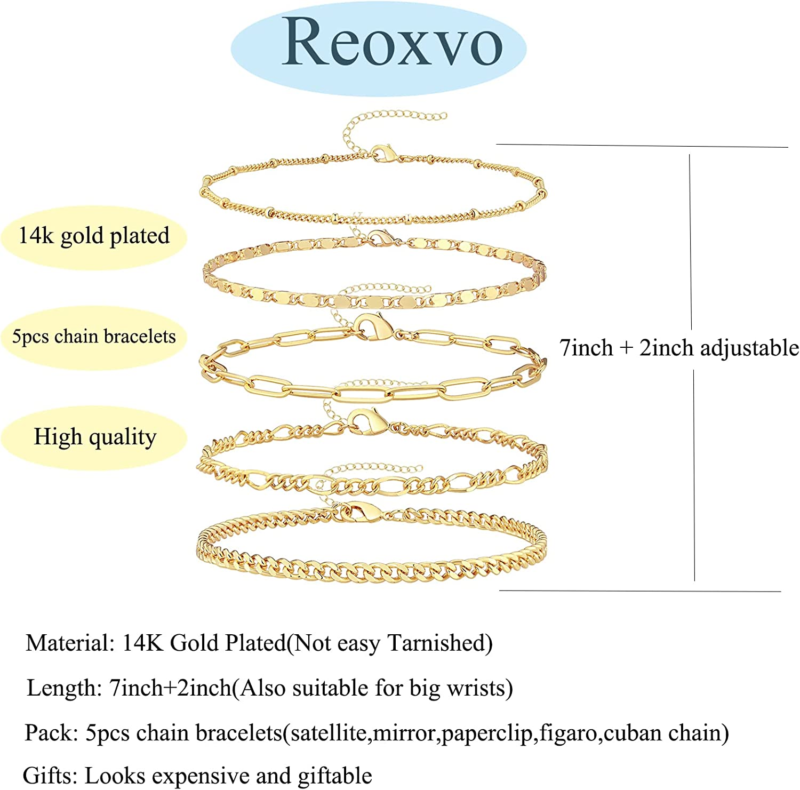 Dainty Gold Chain Bracelets Set, 14K Gold Plated Link Chain  Adjustable 7"+2"