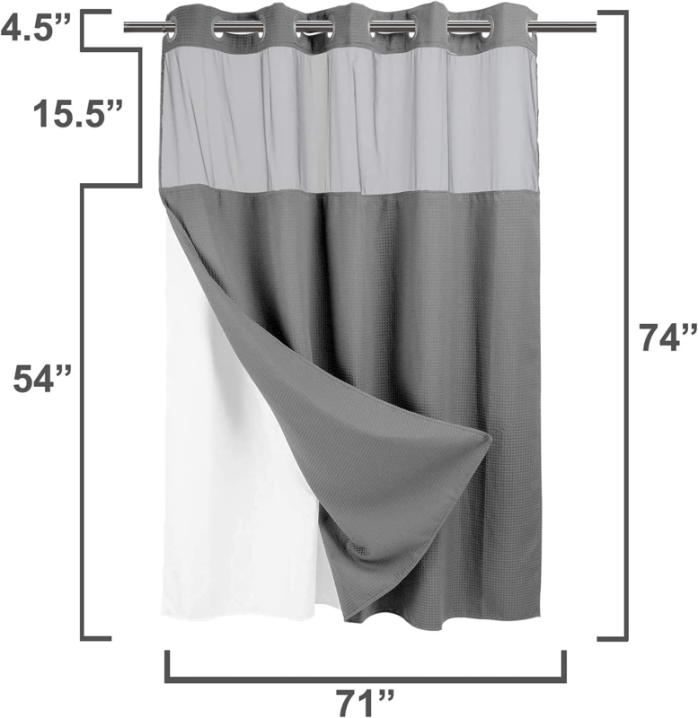 No Hooks Required Waffle Weave Shower Curtain with Snap in Liner 71W X 74H Grey