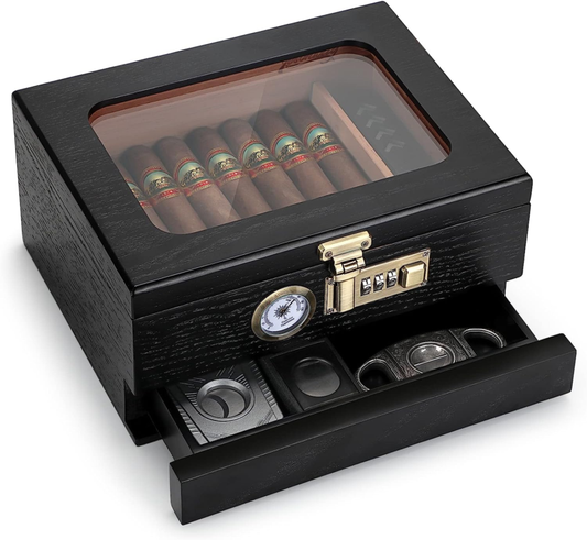 Cigar Humidor, Cedar Wood Humidor Cigar Box, Glass Top  Holds 20-35 Cigars