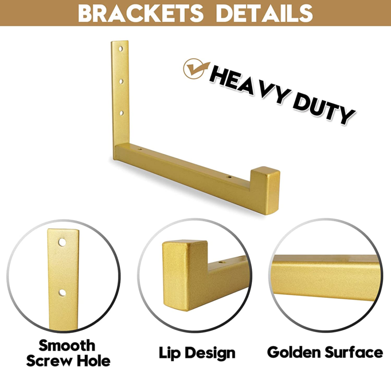 Gold Color Shelf Brackets 4 Pcs Heavy Duty Wall Mounted with Lip Floating 8 Inch