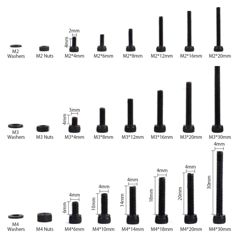 1080Pcs M4 M3 M2 Socket Head Cap Screws Bolts Nuts Washers Assortment Kit with A