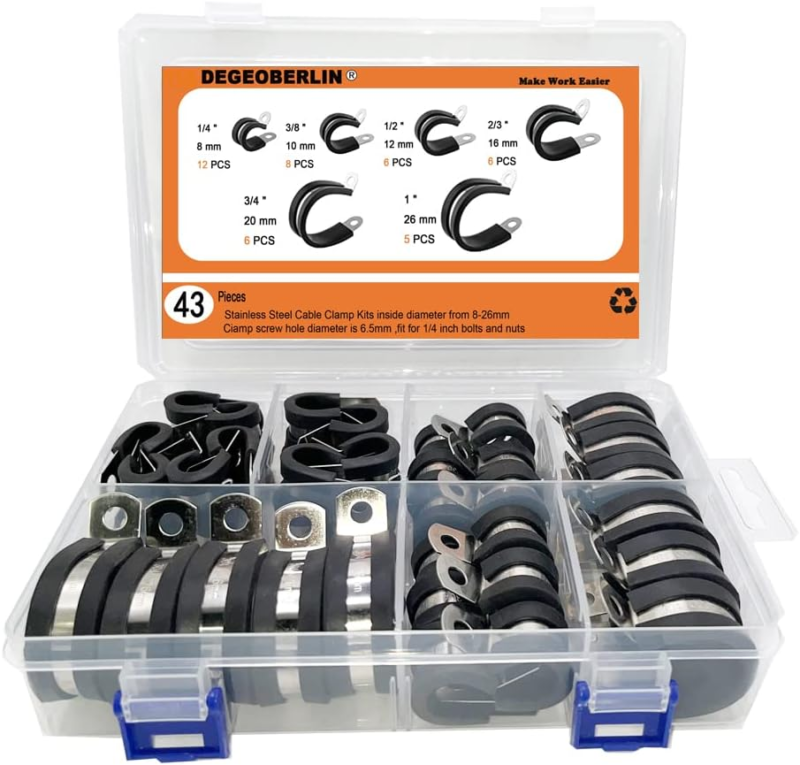 43PCS 1-1/4 Inch Stainless Steel Cable Clamp Assortment Kit Rubber Cushioned Ins