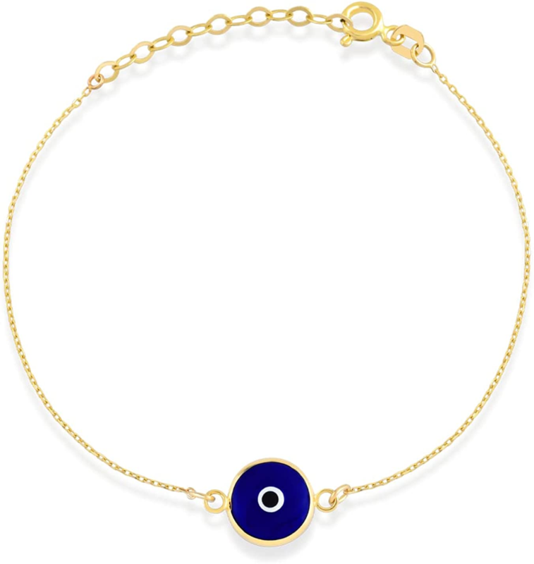 14K Solid Gold Evil Eye Bracelet for Women, Evil Eye Adjustable 6" to 7"