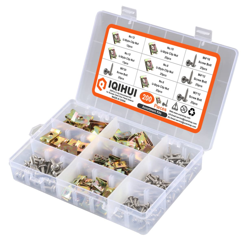 200Pcs U-Clip and Screw Assortment Kit 4 Sizes Auto Car Clips Fasteners with Scr