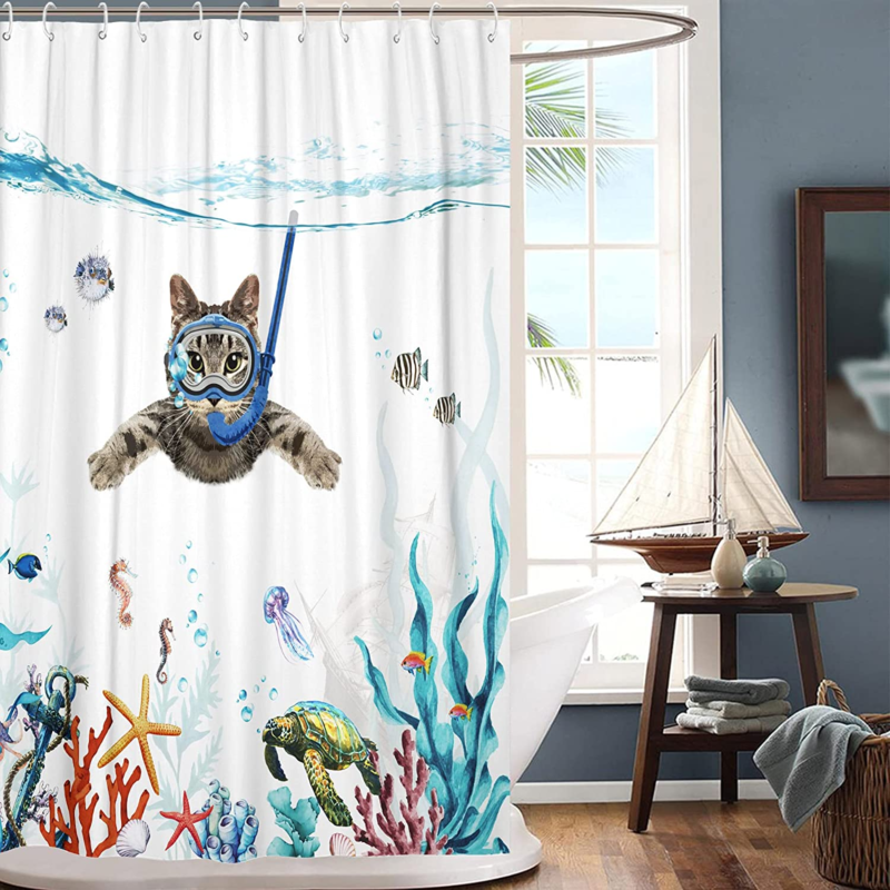 Funny Cat Shower Curtain Teal Blue Sea Ocean  