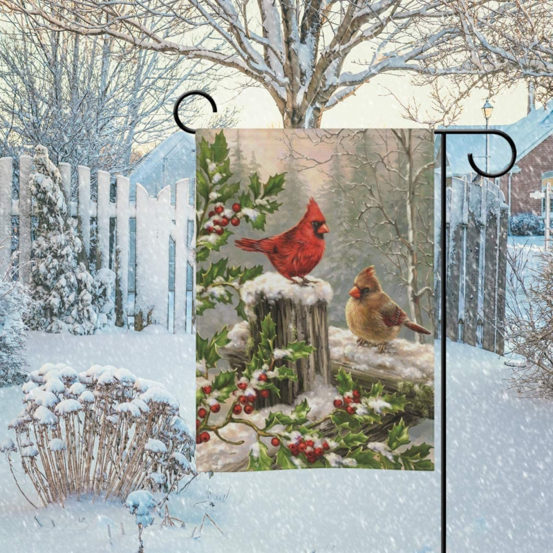 28 X 40 Double Sided, Cardinal Holly Berry Branches Snow Welcome Winter Garden B
