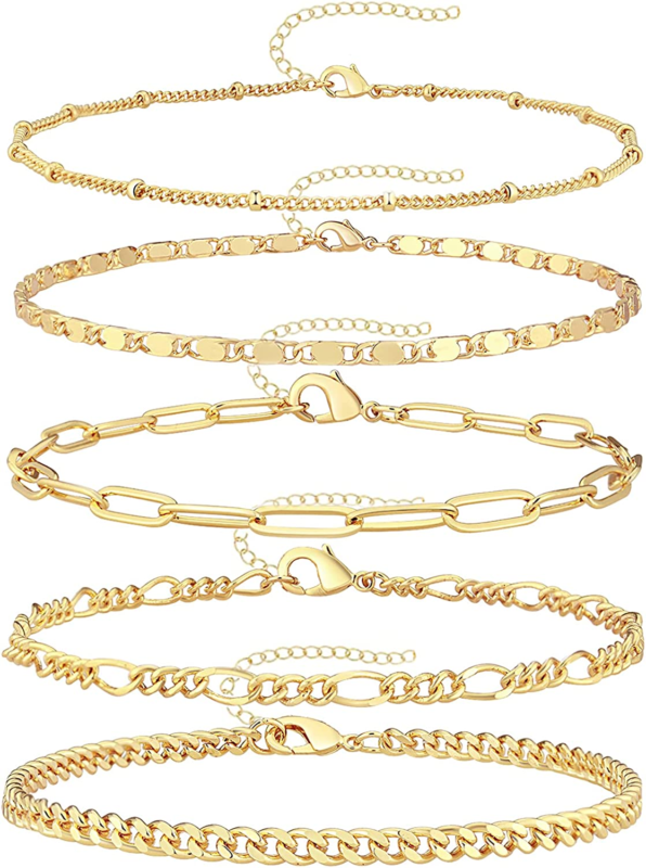 Dainty Gold Chain Bracelets Set, 14K Gold Plated Link Chain  Adjustable 7"+2"