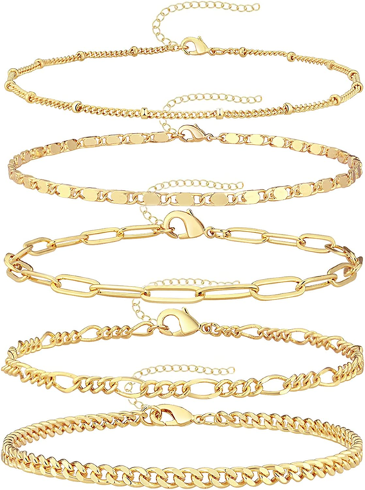 Dainty Gold Chain Bracelets Set, 14K Gold Plated Link Chain  Adjustable 7"+2"