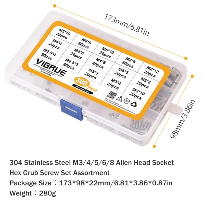 300Pcs M2.5/M3/M4/M5/M6/M8 Hex Allen Head Socket Set Screw Bolts Assortment Kit 