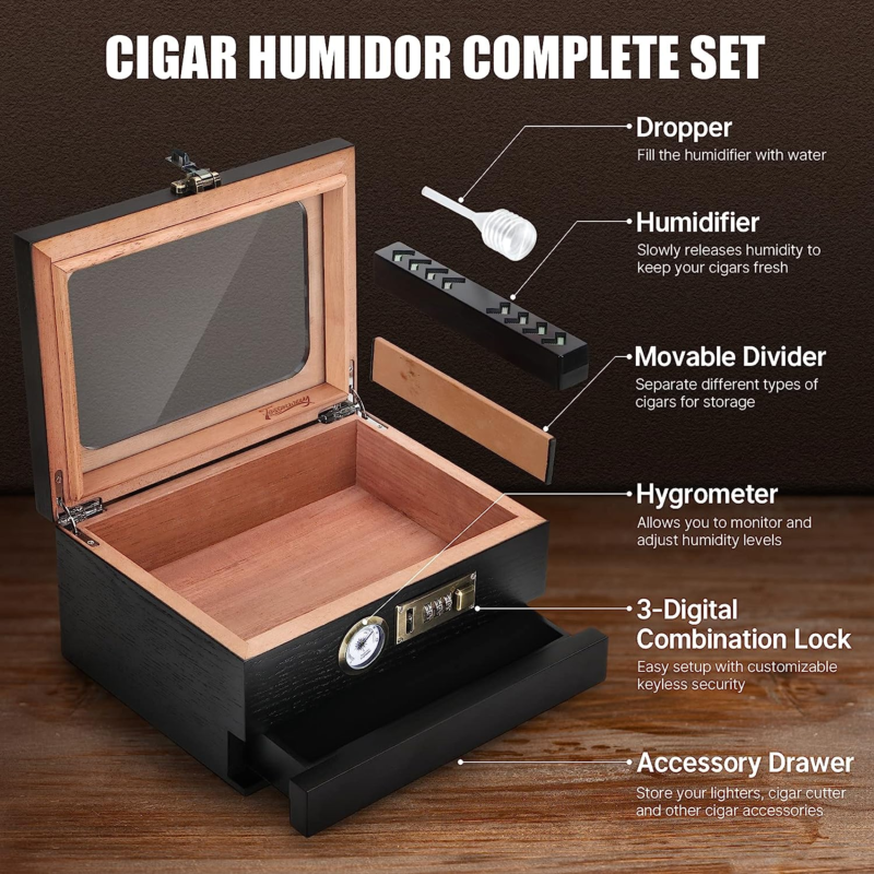 Cigar Humidor, Cedar Wood Humidor Cigar Box, Glass Top  Holds 20-35 Cigars