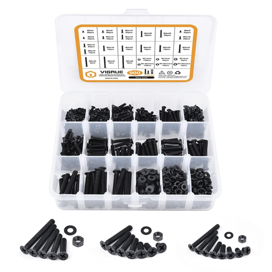 VIGRUE 900PCS M3 M4 M5 Flat Head Phillips Machine Screws Nuts Washers Assortment