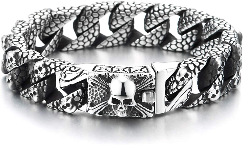 Skull Charms Snake Skin Pattern Curb Chain Mens Large Steel Bracelet with Pirate