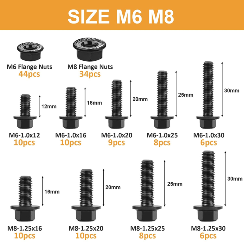 155PCS M6-1.0 M8-1.25 Flanged Hex Bolts, M6 X 12/16/20/25/30Mm and M8 X 16/20/25