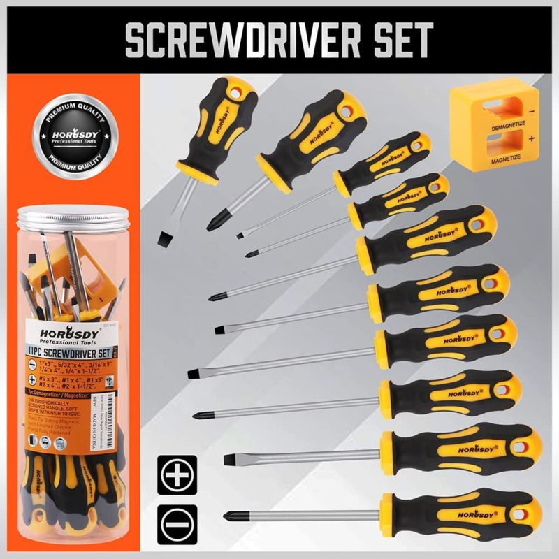 11-Pieces Screw Driver Kit, Magnetic 5 Phillips and 5 Flat Head Tips for Fasteni