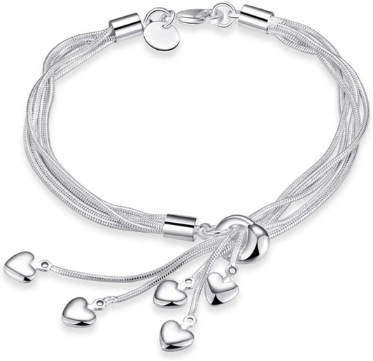 925 Sterling Silver Five-Line Chain with Five-Heart Bracelet Bangle