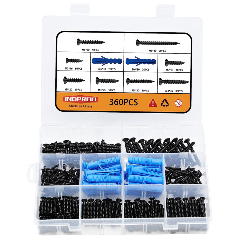 360 Pcs M3 M4 M5 Wood Screws Assortment Kit with Blue Drywall Anchor Plug with W