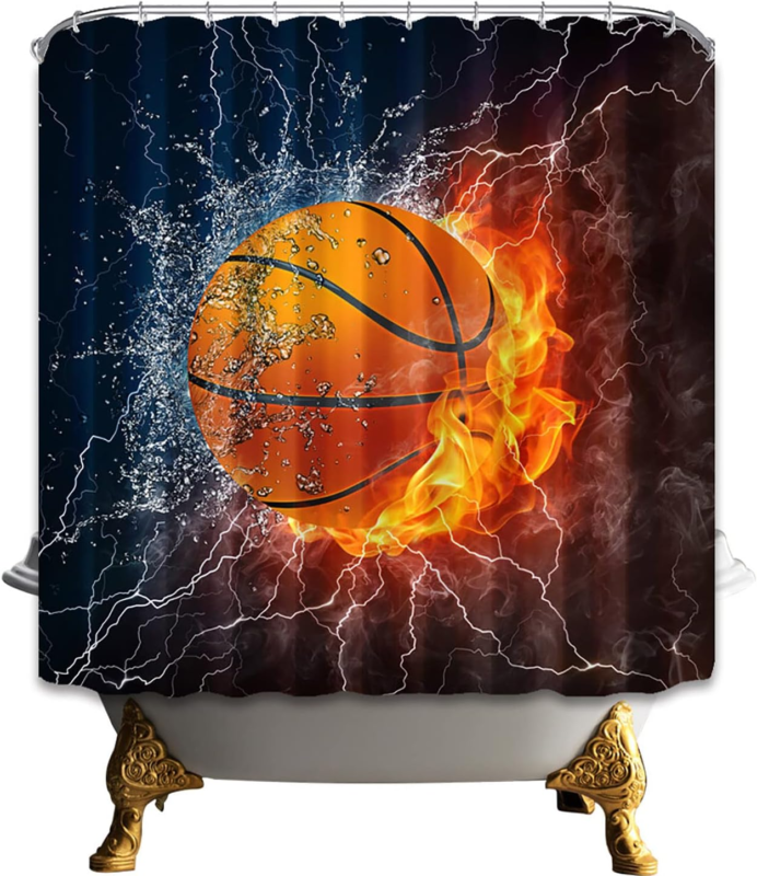 Sports Shower Curtain, Basketball on Fire Theme, 72 X 72 Inches 