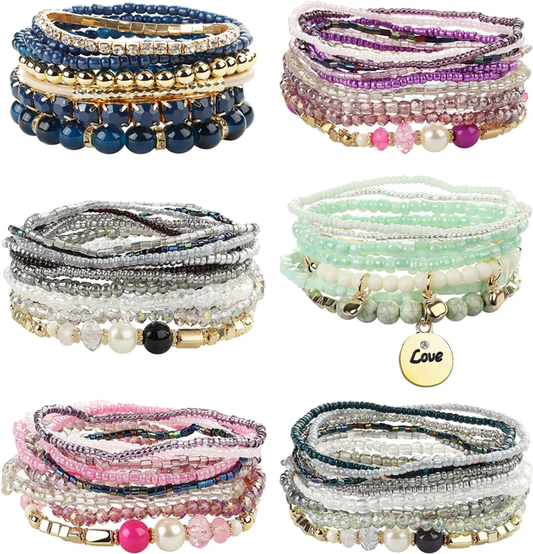 6 Sets Bohemian Stackable Bead Bracelets for Women Stretch Multilayered, Multico