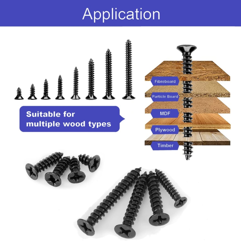 #6 Black Wood Screws Assortment Fasteners Kit 300Pcs,Phillips Head Fast Flat Sel