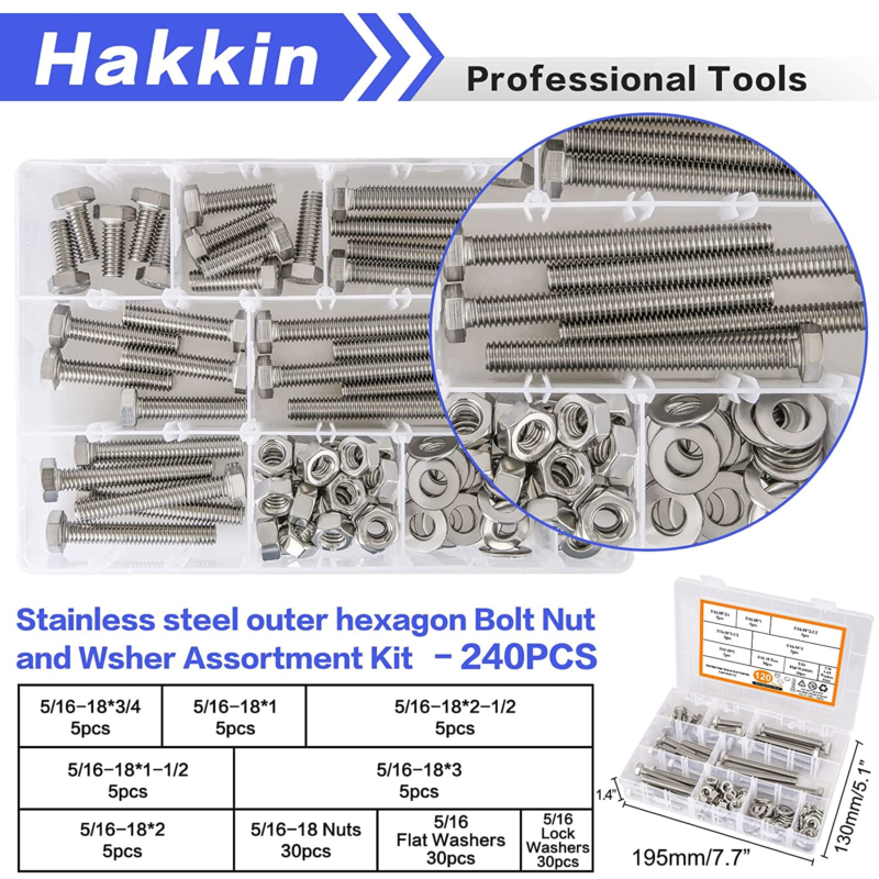 120PCS 5/16-18 Hex Bolts and Nuts Kit, Stainless Steel 5/16" Nuts and Bolts Asso