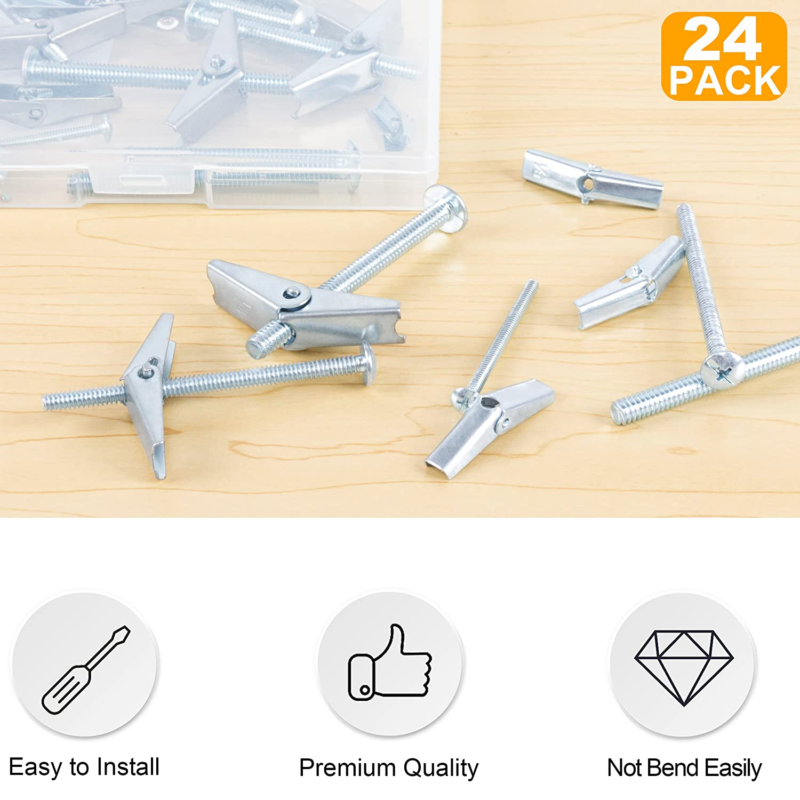 Heavy Duty Hollow Wall Anchors for Drywall, 24Pc Toggle Bolts and Wing Nut Kit, 