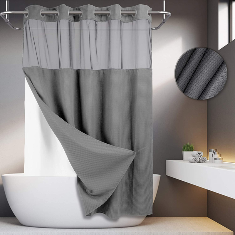 No Hooks Required Waffle Weave Shower Curtain with Snap in Liner 71W X 74H Grey