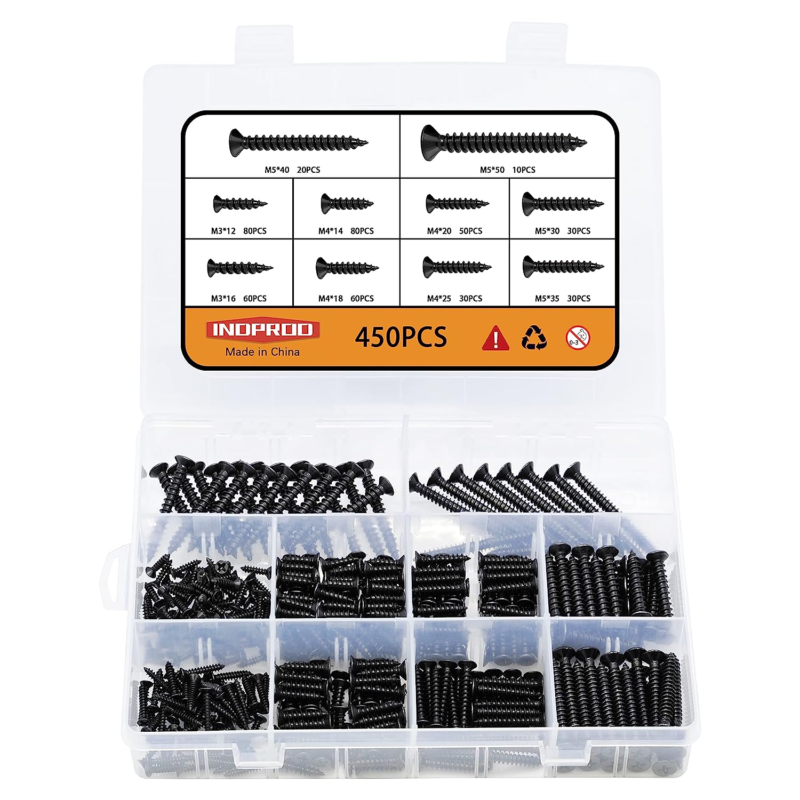 450 Pcs M3 M4 M5 Black Wood Screws Assortment Kit,High Hardness Carbon Steel Sel