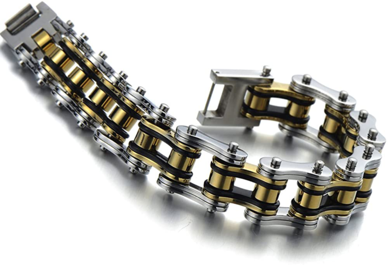 Mens Bike Chain Bracelet, Stainless Steel Two-Tone Polished