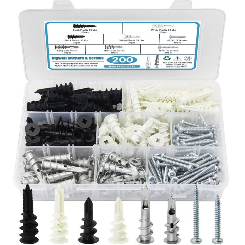 Dry Wall Anchors and Screws Kit, 200PCS Self Drilling Wall Anchors and Screws fo