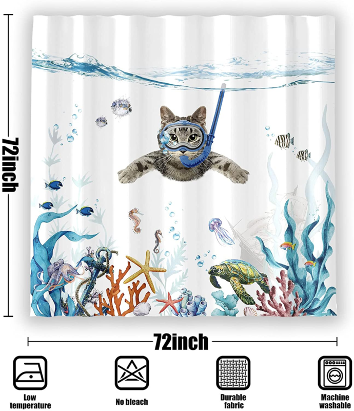 Funny Cat Shower Curtain Teal Blue Sea Ocean  