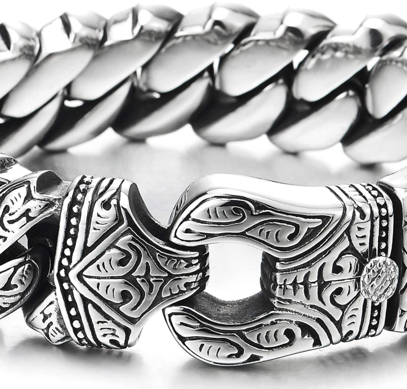 Mens Stainless Steel Vintage Fancy Curb Chain Bracelet with Tribal Tattoo Patter