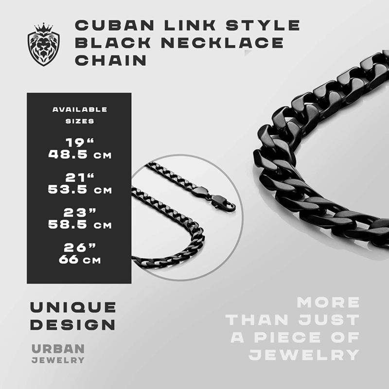 Classic Mens Link Chain Necklace, Cuban Style, Black 19 Inches