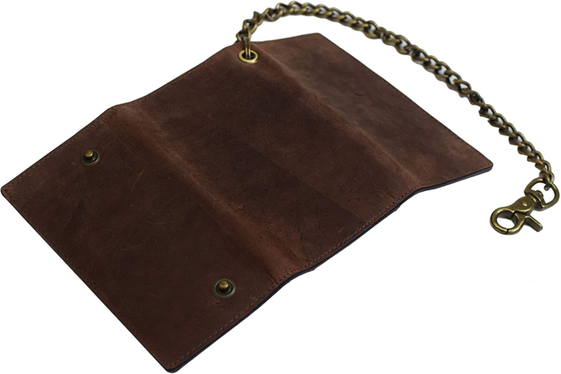 Men's RFID Signal Blocking Biker's Vintage Brown Leather Long Tri-fold Chain Che