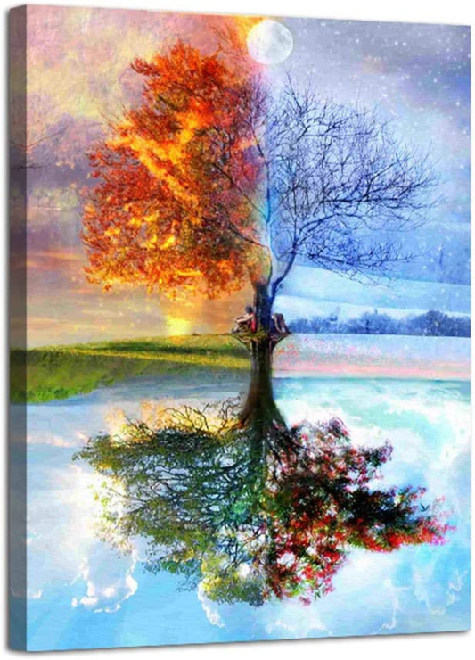 Four Season Tree of Life Poster with Framed Print Canvas Wall Art, 12 X 16