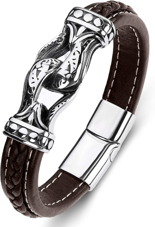 Viking Bracelet for Men - Genuine Leather, Stainless Steel w/Magnetic Clasp 8.3"