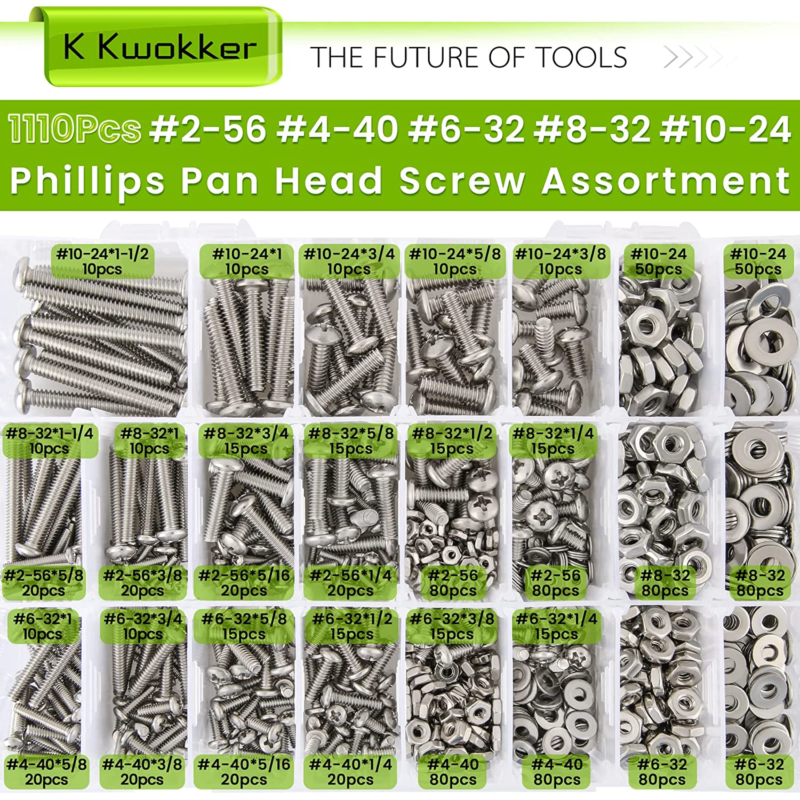 1110Pcs #2-56#4-40#6-32#8-32#10-24 Nuts and Bolts Assortment Kit