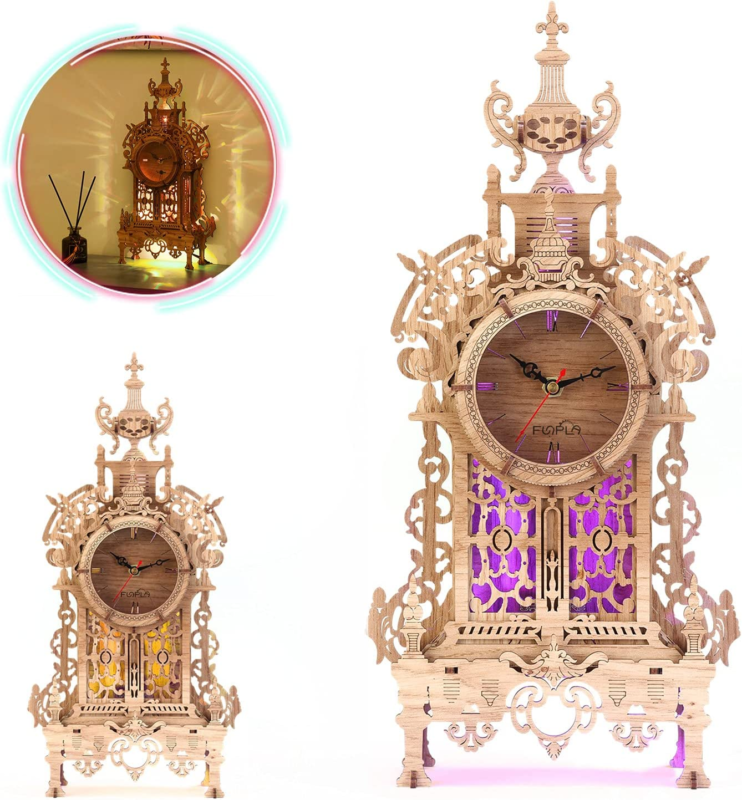 3D Wood Puzzle LED Tower Clock Model, Desktop Clock Model DIY, (LED
