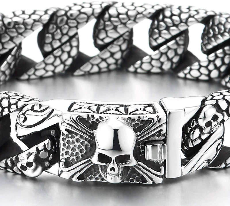 Skull Charms Snake Skin Pattern Curb Chain Mens Large Steel Bracelet with Pirate