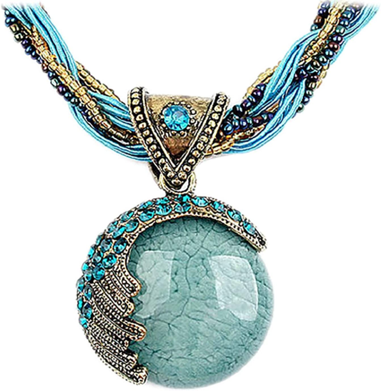 Lady's Retro Vintage Bohemian Style Turquoise Rhinestone Pendant Chain Necklace