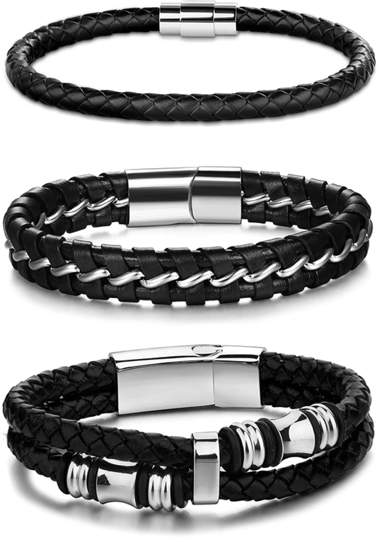 Jstyle 3Pcs Stainless Steel Braided Leather Bracelet for Men Women Leather Wrist